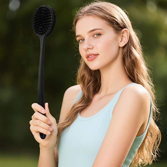 YouthRun Silicone Body Scrubber for Shower Men Women – Dual-Sided Exfoliating & Massage Shower Brush with Long Handle, Creates Rich Lather, Includes 1 Hook & 2 Lather Balls (Black).