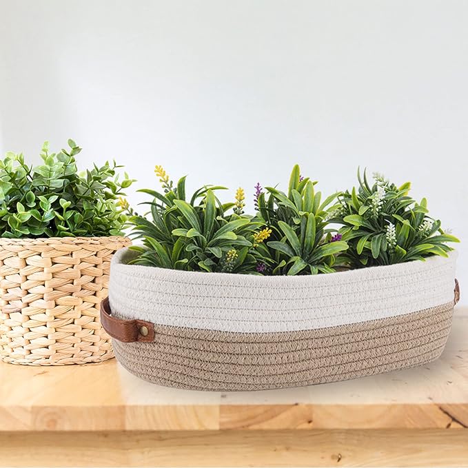 Oradrem Cotton Rope Bathroom Decor Basket,Toilet Paper Holder Basket,Farmhouse Home Decor Organizing Baskets 13"x5.9"x4" Brown Stitching White