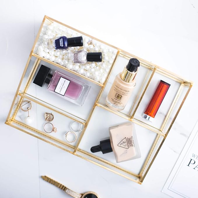 Levilan Makeup Organizer Antique Countertop Cosmetic Storage Box Glass Beauty Display, Gold Spin Large Capacity Holder for Brushes Lipsticks Skincare Toner