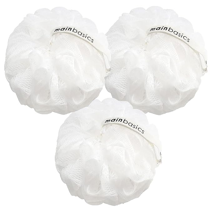 MainBasics Shower Loofah Sponge Pouf, Set of 3, Snow White