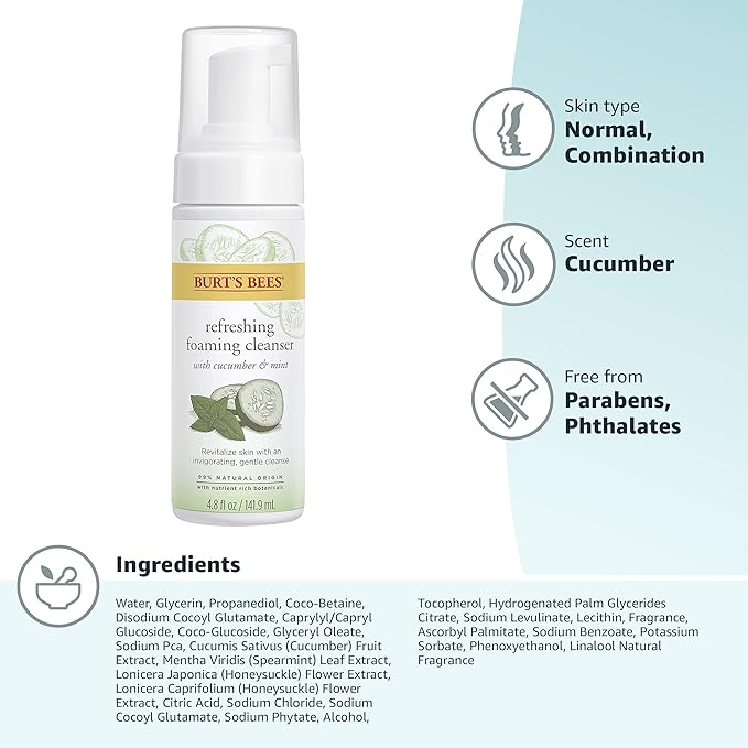 Burt's Bees Refreshing Foaming Face Cleanser and Face Wash with Cucumber and Mint,4.8 Fluid,(Pack of 2)