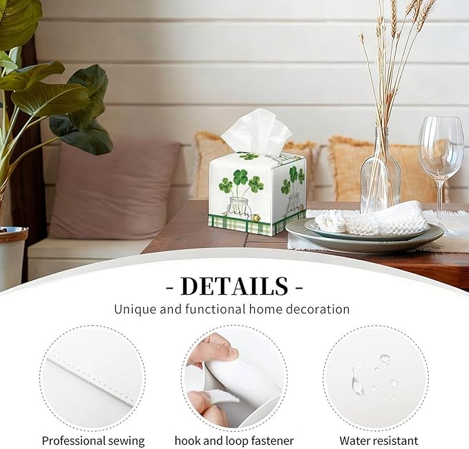 Lucky Clover Tissue Box Cover Leather Tissue Box Holder Square Facial Paper Organizer Dispenser for Bathroom Kitchen Bedroom Vanity Countertop Night Stands