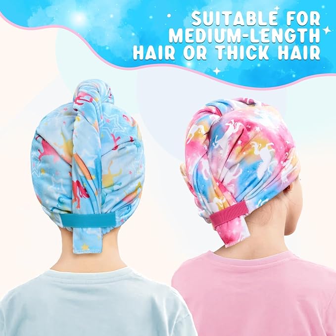 WAWSAM 2 Pack Kids Hair Drying Towel Wrap - Microfiber Hair Towel for Girls, Quick Dry Hair Cap with Button & Elastic Loop(Pink&Blue)