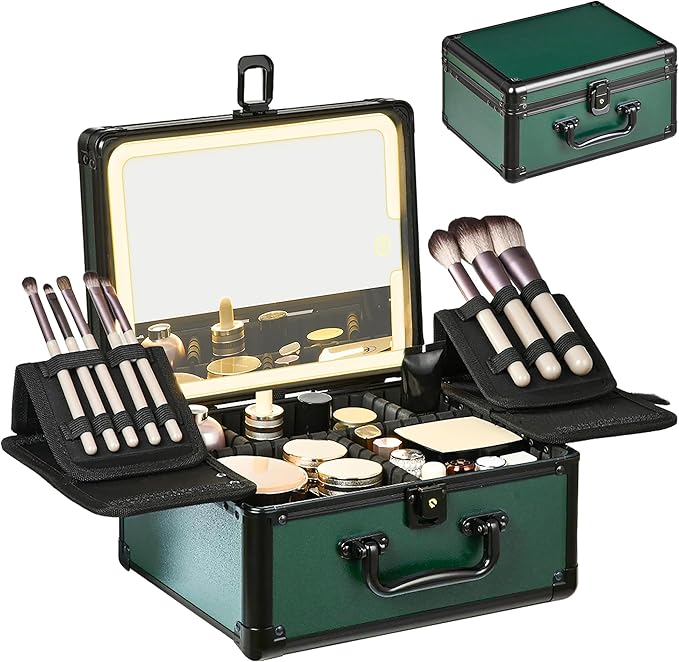 GALHUBIS Makeup Case with Lighted Mirror, Makeup Box Organizer with Detachable LED Mirror, Travel Makeup Train Case, Waterproof Cosmetic Organizer, Standing Makeup Brush Holder, Gift, Black Green