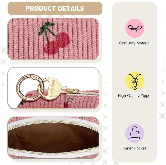 Playexen Mini Makeup Bag, Corduroy Small Cosmetic Bag for Purse, C-DPink