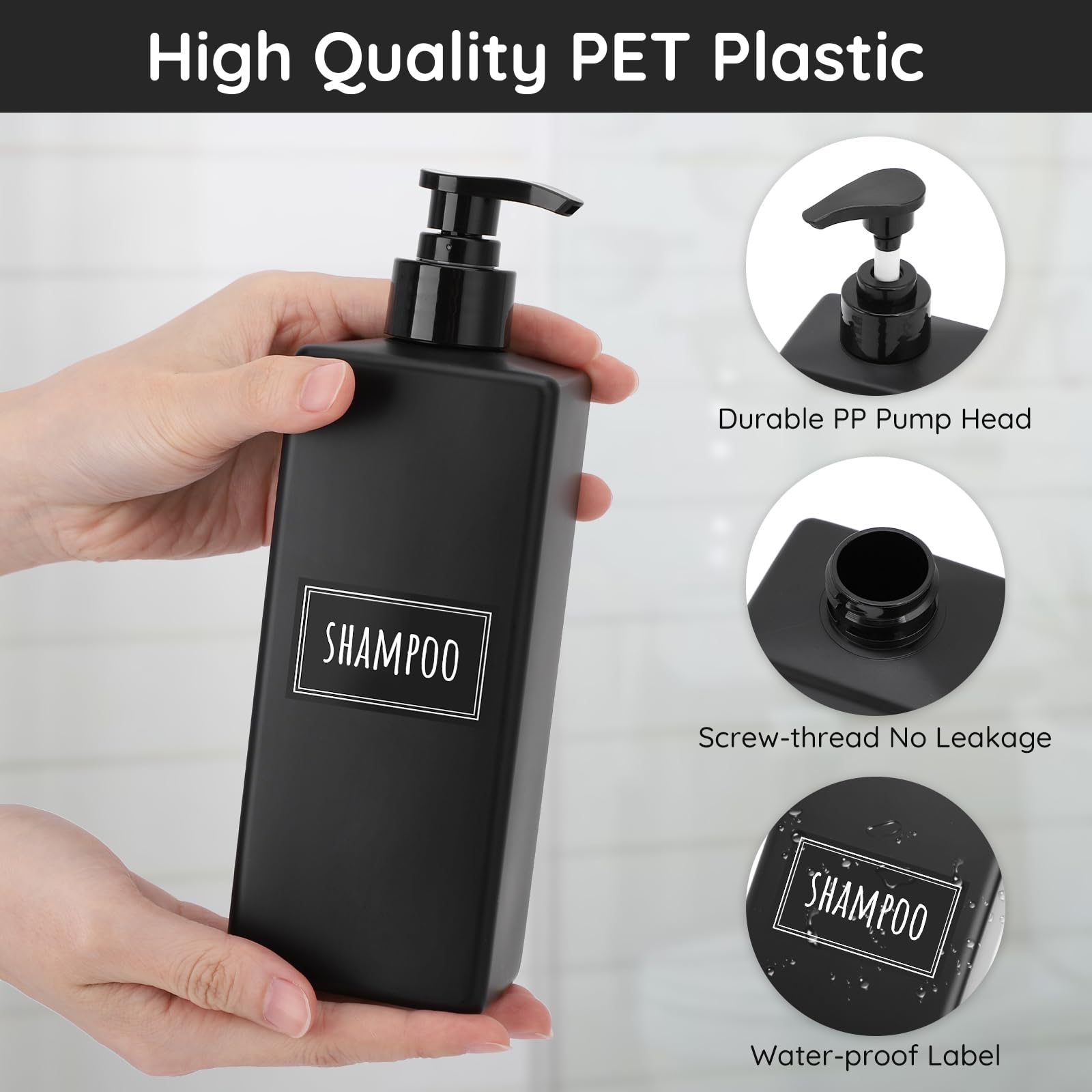 Segbeauty Matte Black Soap Dispenser, 3 Pack 16.9oz Refillable Shampoo and Conditioner Bottles with Labels, 500ml Empty Plastic Square Shower Dispenser Bathroom Soap Dispenser Set for Body Soap