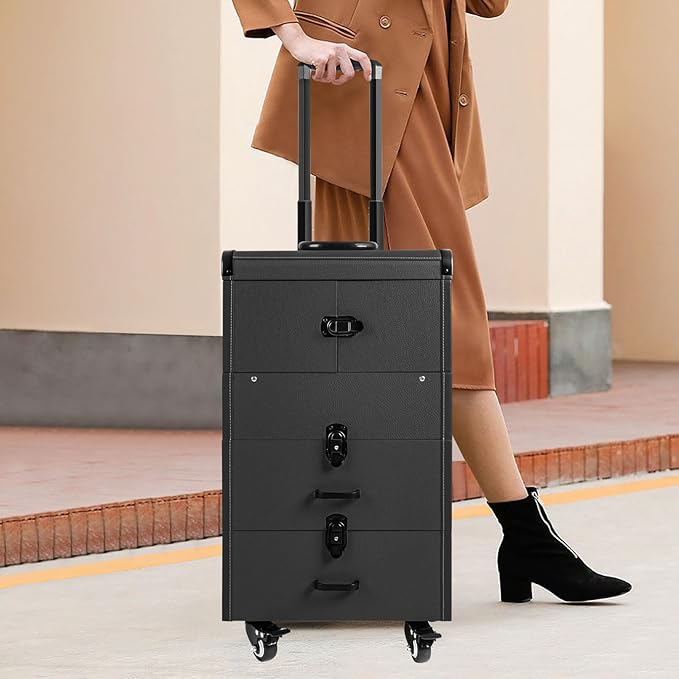 Rolling Makeup Train Case with Wheels and Mirror, Lockable Portable Cosmetic Organizer Trolley, Large Make up Cosmetic Orgainzer, Pro Makeup Artists Multifunction Cosmetics Trolley Train Case (Black)