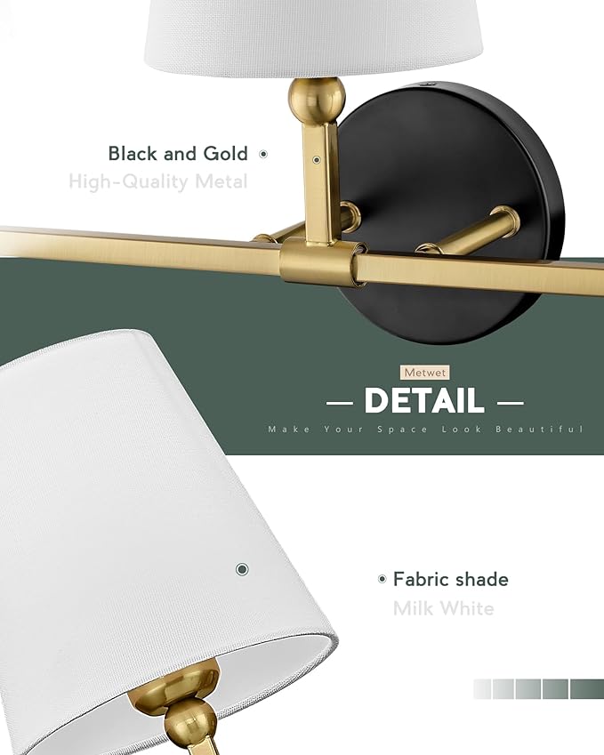 Bathroom Light Fixtures, Black and Gold Vanity Lights with Flared White Fabric Shade, 3-Light Wall Sconce, Modern Sconces Wall Lighting for Hallway Bedroom, VL837-KG-3