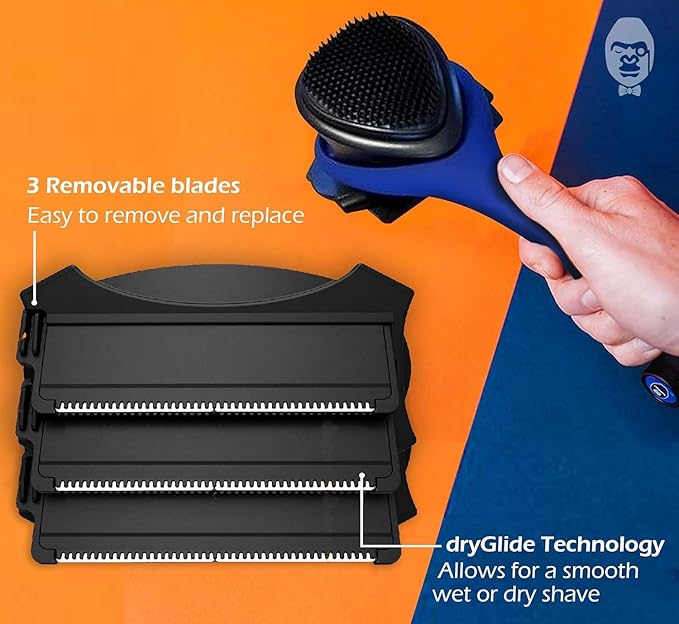 BAKblade 2.0/ELITE PLUS - Back Hair Removal and Body Shaver (DIY), Easy to Use Ergonomic Handle for a Close, Pain-Free Shave, 3 of the Wet or Dry Disposable Razor Blades, Scrubbing Sleeve Included