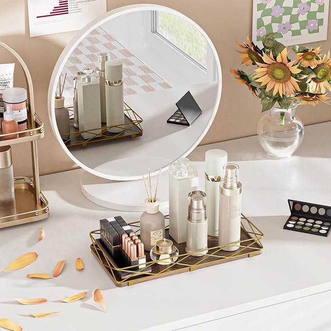 Toilet Paper Basket Holder, 13" Toilet Tank Tray, Wood and Metal Toilet Tray Vanity Organizer Bathroom Tray, Kitchen Sink Organizer for Soap Dispenser (Brown+Gold)