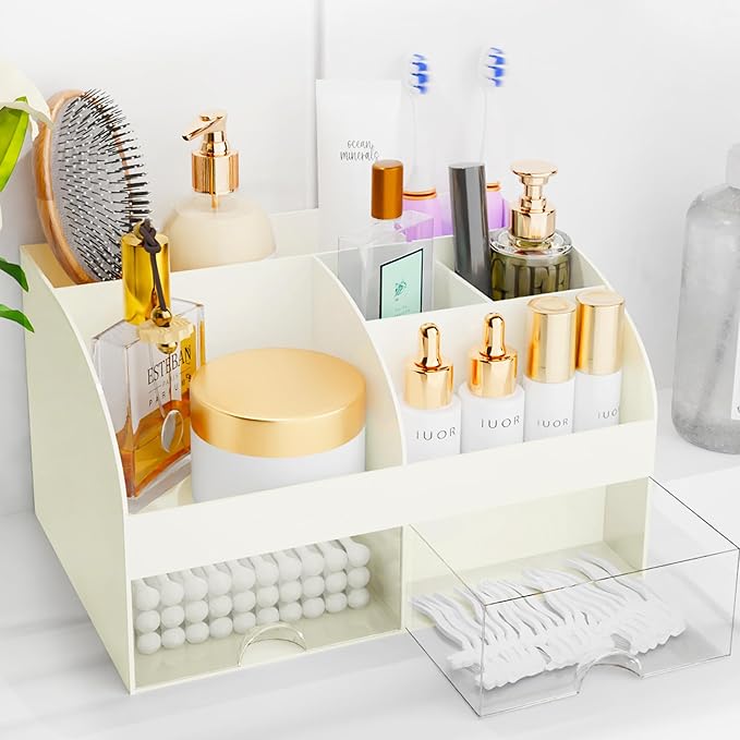 Makeup Organizer with Drawers, Cosmetic Storage for Dresser Vanity and Bathroom Countertop, Beauty Holder for Lipstick Brush, Skincare Organizer for Vanity, Cosmetic Display Case (White)