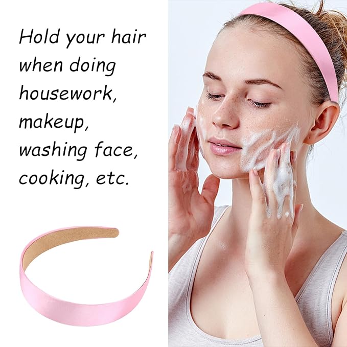 Wecoe 10 Pack Pink Headbands 1 Inch Wide Satin Headbands Women Non Slip Fashion Plain Head Bands Solid Hair Bands DIY Valentine's Day Hair Accessories for Women Girls Diademas Para Mujer