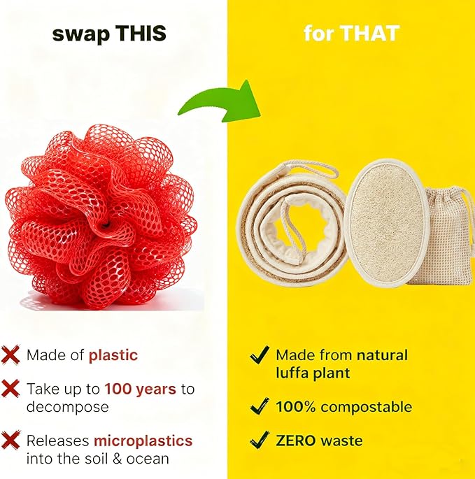 Natural Loofah Back Scrubber for Shower, Back Loofah for Women and Men, Exfoliating Loofah Sponge with Soap Bag, 3-pcs