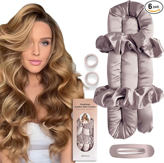 BLINKEEN Jumbo Heatless Hair Curler Set-Satin Heatless Curls Overnight, Jumbo Curling Rod Headband, No Heat Curlers To Sleep in (Lavender Gray)