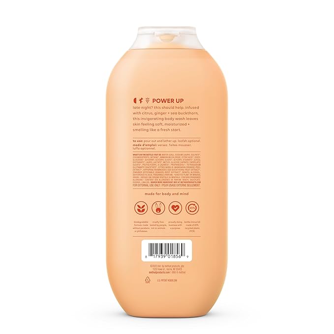 method Body Wash, Energy Boost - Leaves Skin Feeling Soft & Moisturized, Made Without Parabens, Notes of Citrus, Ginger & Sea Buckthorn, 18 fl oz -3 pack