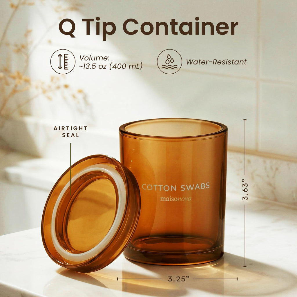 MaisoNovo Glass Bathroom Containers with Lids (Airtight) - Qtip Holder - Apothecary Jars for Cotton Rounds, Swabs, Balls, Pads - Amber Q Tip Dispenser - 2 pcs Bathroom Canisters Set for Organization