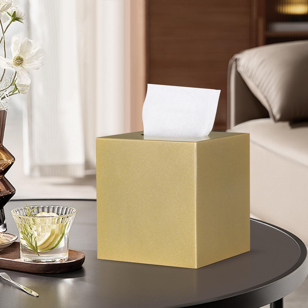 HOUSE DIARY Metal Square Tissue Box lid, Modern Facial Tissue Holder for Bathroom Vanity Tops, Bedroom Dressers, Nightstands, Desks, Offices (Gold)