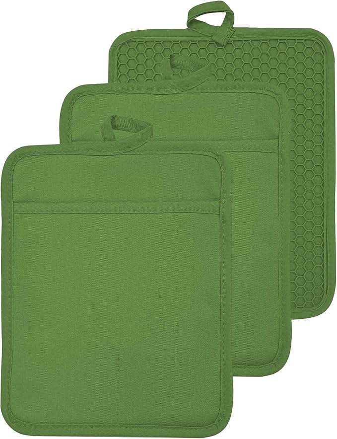 VEIKERY Oven Pot Holder with Pocket Cotton Heat Resistant Coaster Potholder Kitchen Hot Pad Oven Mitts for Cooking and Baking Square 7"x9" (Green, Silicone)