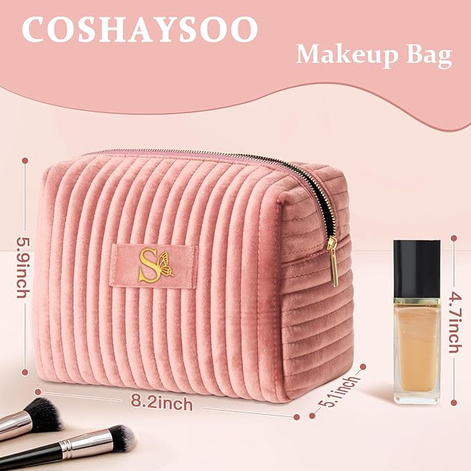 COSHAYSOO Mom Birthday Gifts Mothers Day Gift Ideas for Mama Grandma New Mommy from Daughter Travel Makeup Bag Quilted Make Up Cosmetic Pouch Cool Aesthetic Monogram Pink Velvet Initial Letter S
