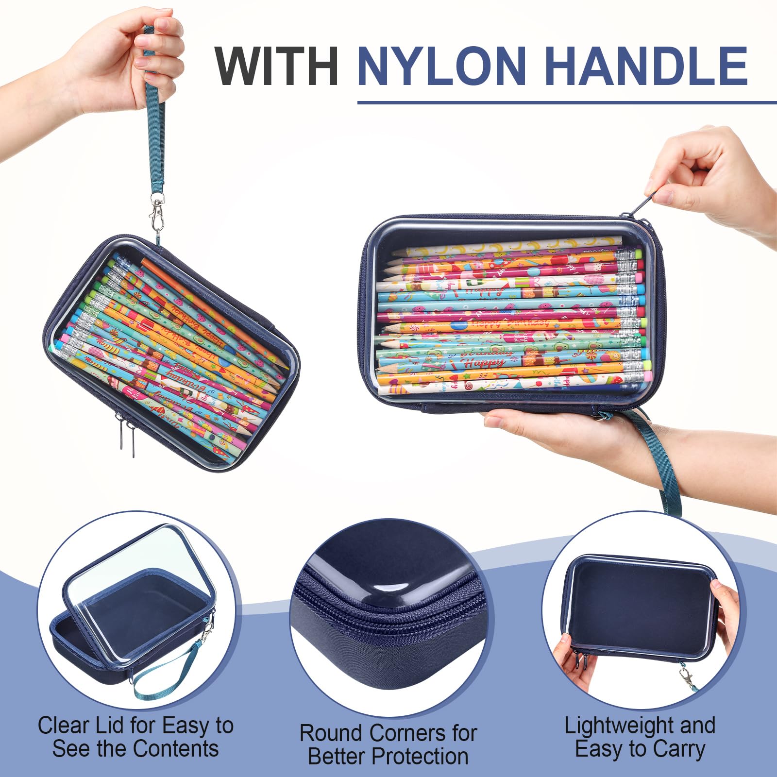 Gaillty 4 Pcs Hard Clear Zipper Case Hard Shell Plastic Pencil Case Large Transparent Pencil Box Portable Travel Organizer Toy Storage Bins for Home Office Cosmetics(Gray,Dark Blue,Blue,Black)