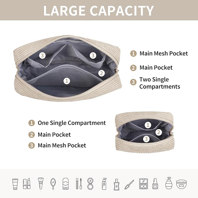 MAGEFY Small Makeup Bag for Purse Mini Cosmetics Bag Corduroy Cute Cosmetic Pouch for Women with Slip-in Pockets (Beige)