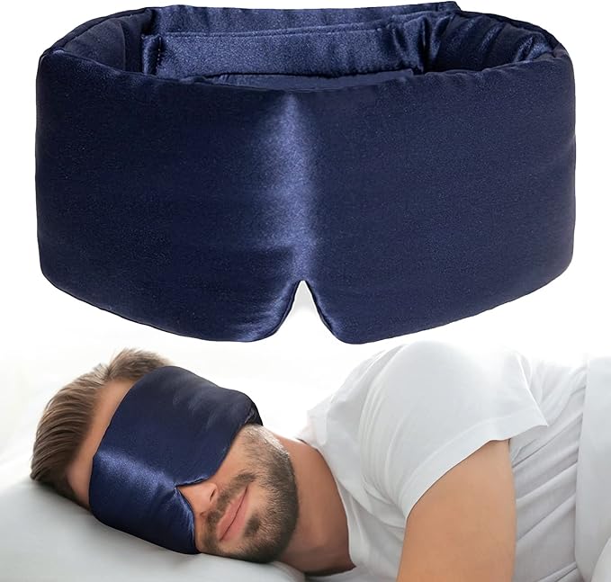 iCooBreeze 100% Natural Silk Eye Mask for Women Men, Soft Pressureless Cooling Blackout Eye Covers for Sleeping, Large Size Sleep Mask fits All Heads Adjustable, 1PC, Navy Blue