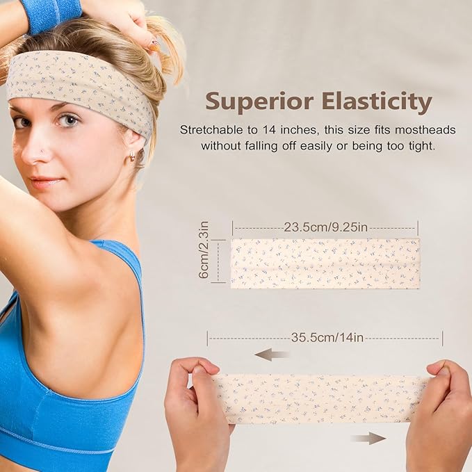 Headbands for Women, Stretchy Non Slip Soft Cotton Cloth Hair Bands for Sports, Workout, Yoga and Running, 7pcs