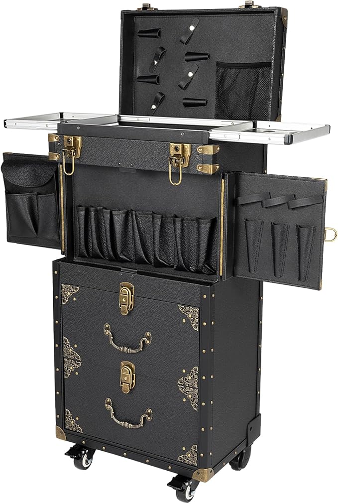BOPRCSH Rolling Lockable Makeup Train Case, Hairdressing Trolley Stylist Beauty Salon Cosmetic Luggage Travel Organizer Tool Box - 55.12lbs Capacity, Professional Cosmetic Organizer Box for Home
