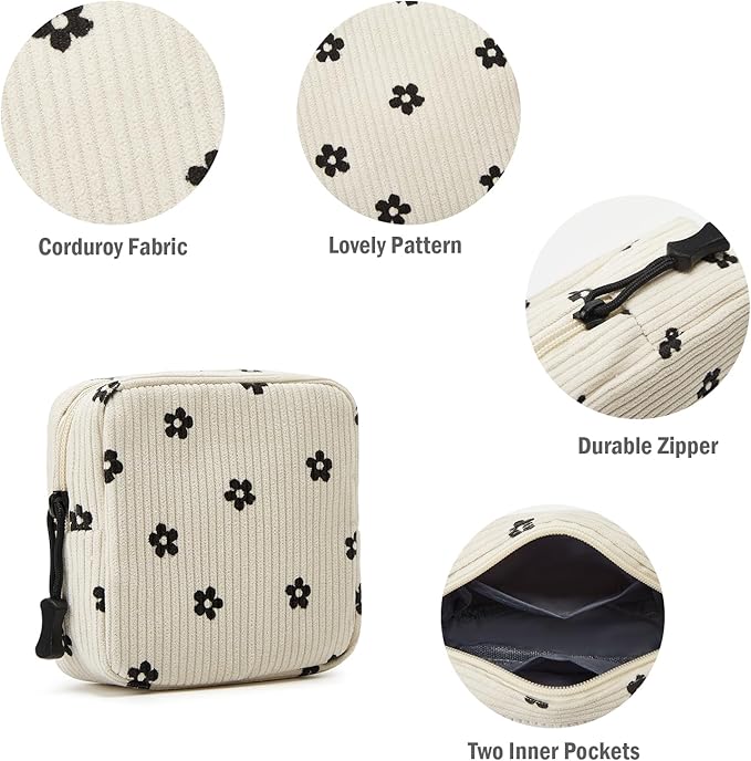 ZOEMTIU Small Makeup Bag for Purse,Mini Cosmetics Bag cute Zipper corduroy Cosmetic Pouch Storage Pouch Travel Toiletry Organizer for Women Girls(Flower)