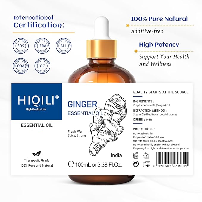 HIQILI Ginger Essential Oil 3.38 Fl Oz, for Massage, Diffuser, Large Bottle with Dropper & Gift Box -100ml