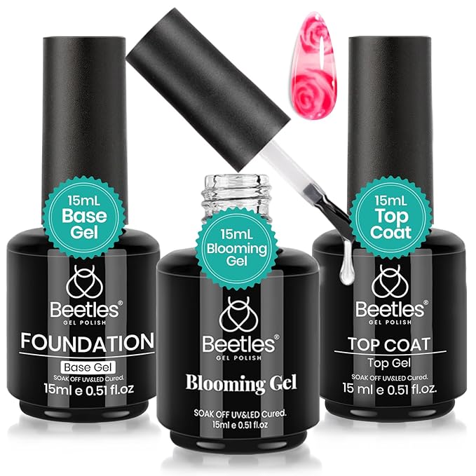 Beetles Blooming Gel & Base Top Coat Set, 3PCS 15ML Shine Finish Long Lasting No Wipe Top Coat Gel Nail Polish Base Spreading Marble Effect Soak off UV LED Nail Art Summer Nail Gifts for Women