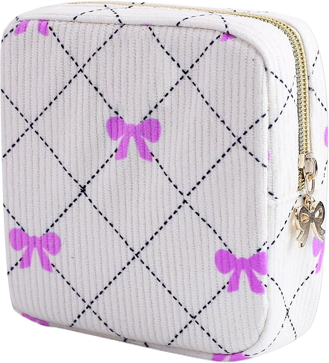 Teircno Period Bag for Women - Cute Corduroy Sanitary Napkin Storage Bag with Bow Design | Period Pouch for Daily Use, Travel | Discreet Menstrual Pouch | Pad Bags for Period Holds Pads, Tampons