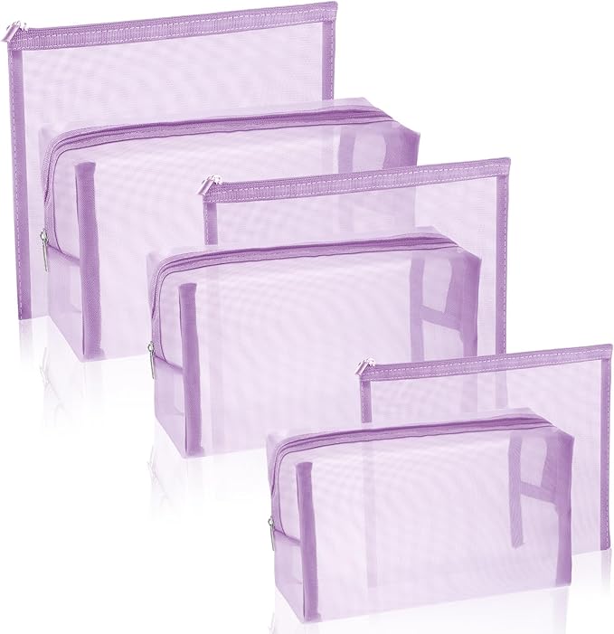 Boao 6 Pieces Mesh Makeup Bags Mesh Cosmetic Bag Portable Travel Organizing Zipper Pouch Toiletries Makeup Pouches for Home Office Travel Accessories(Light Purple)