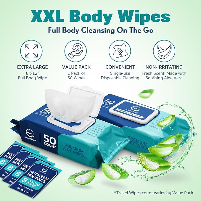 Body Wipes for Adults Bathing No Rinse - Adult Wipes for Elderly 8"x 12"(400 count) Shower for Adults No Rinse, Incontinence Disposable Washcloths, Aloe Vera, Vitamin E