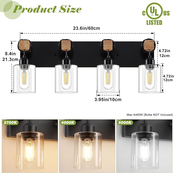 Licperron 4-Lights Farmhouse Vanity Lights for Bathroom, Matte Black Bathroom Light Fixtures with Clear Glass Shade, Rustic Wood Wall Lighting Fixtures Over Mirror for Bedroom, Living Room, Hallway
