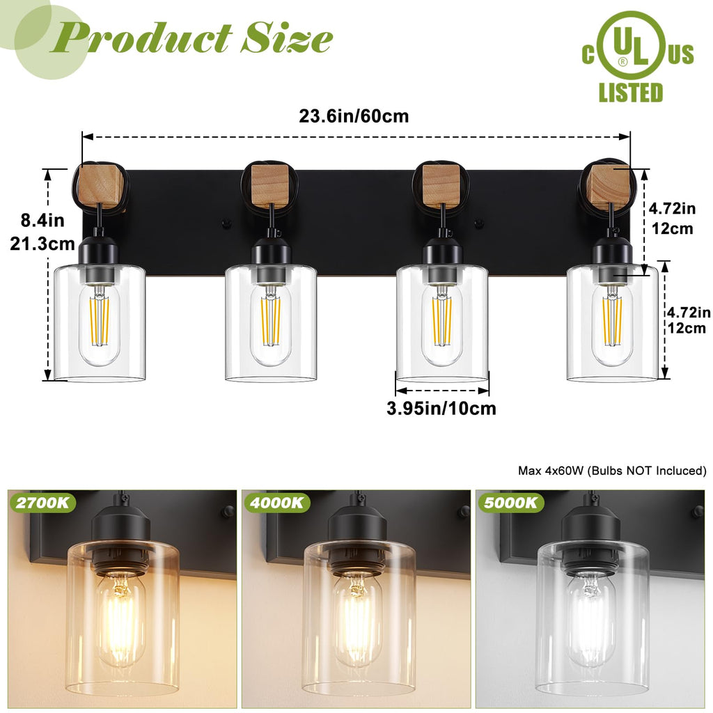 Licperron 4-Lights Farmhouse Vanity Lights for Bathroom, Matte Black Bathroom Light Fixtures with Clear Glass Shade, Rustic Wood Wall Lighting Fixtures Over Mirror for Bedroom, Living Room, Hallway
