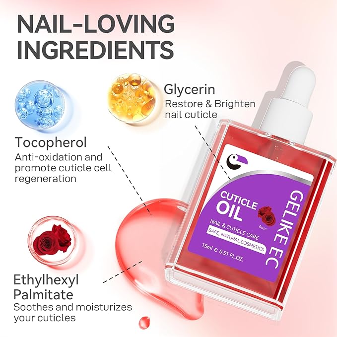 Gelike EC Nail Cuticle Oil - Rose Scent Organic Nail Moisturizing With Natural Jojoba Vitamin B & E for Nail Bed ＆ Damaged Nails Repair Treatment- Cuticle Cream for Nail Growth and Strength(15ml)