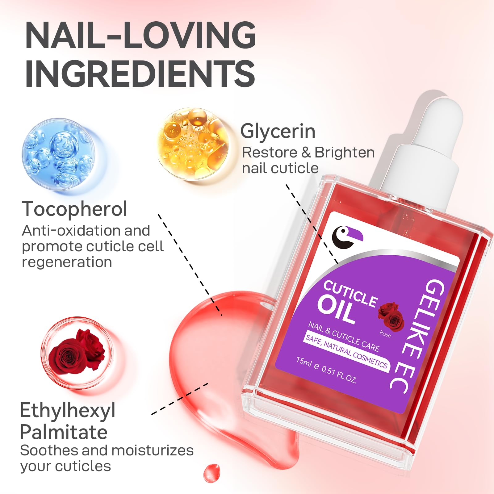 Gelike EC Nail Cuticle Oil - Rose Scent Organic Nail Moisturizing With Natural Jojoba Vitamin B & E for Nail Bed ＆ Damaged Nails Repair Treatment- Cuticle Cream for Nail Growth and Strength(15ml)