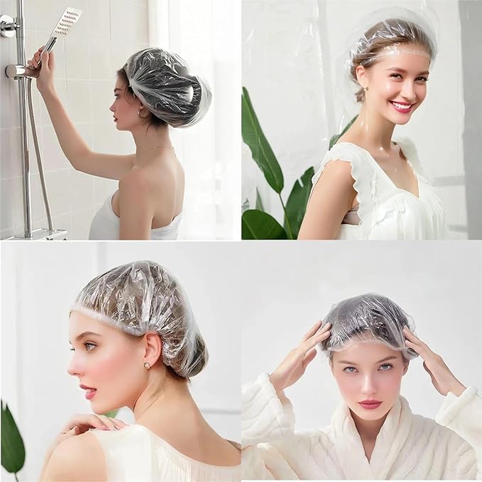 100PCS Disposable Shower Caps, Plastic Clear Hair Cap Large Thick Waterproof Bath Caps for Women & Men Unisex Reusable Travel Essentials for Deep Conditioning, Hair Treatment, Hotel, Spa, and Home Use