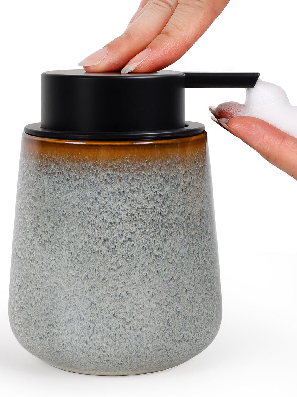 INGOFIN Ceramic Foaming Soap Dispenser -12oz Foam Hand Soap Dispenser Bathroom, Modern Refillable Dish Wash Soap Bottle for Kitchen with Large Pump,Kiln-Glazed Grey White