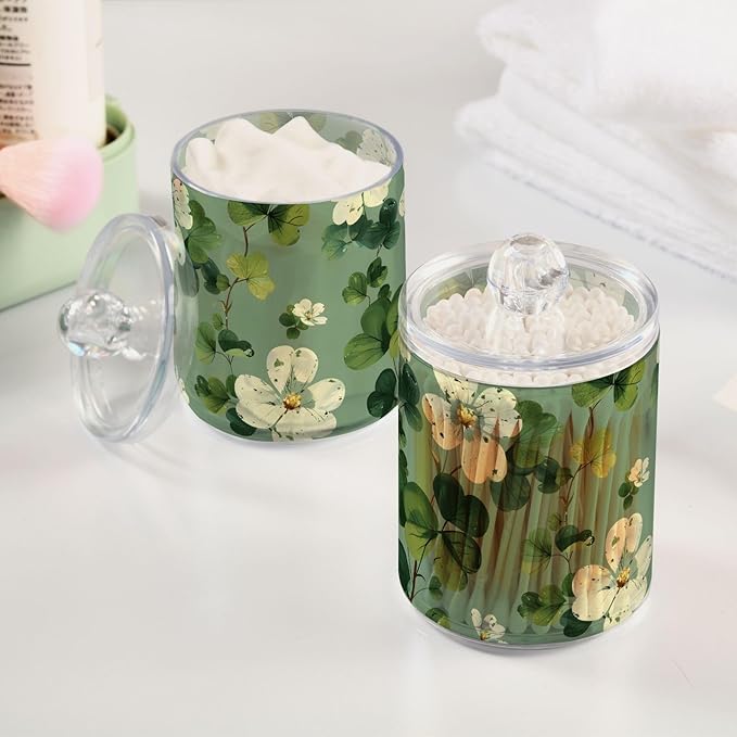 2 Pack Qtip Holder Dispenser for Cotton Ball White Flower Green Leaves Swab Cotton Round Pads Clear Plastic Acrylic Jar Set Bathroom Canister
