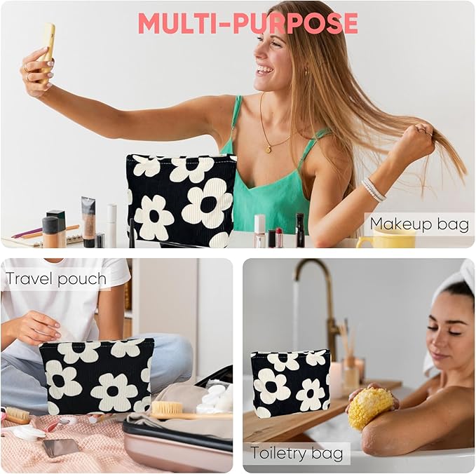 Ksriylm Cute Makeup Pouch for Women Flower Small Make Up Bag for Purse Zipper Initial Cosmetic Bags Pouches for Purse Aesthetic Travel Toiletrybags Gift,Black White Floral