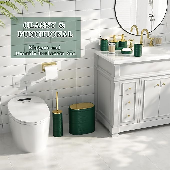 InnJoey Bathroom Set, 10PC Bathroom Accessory Set, Green Bathroom Accessories, Green and Gold Bathroom Set with Trash Can, Soap Dispensers