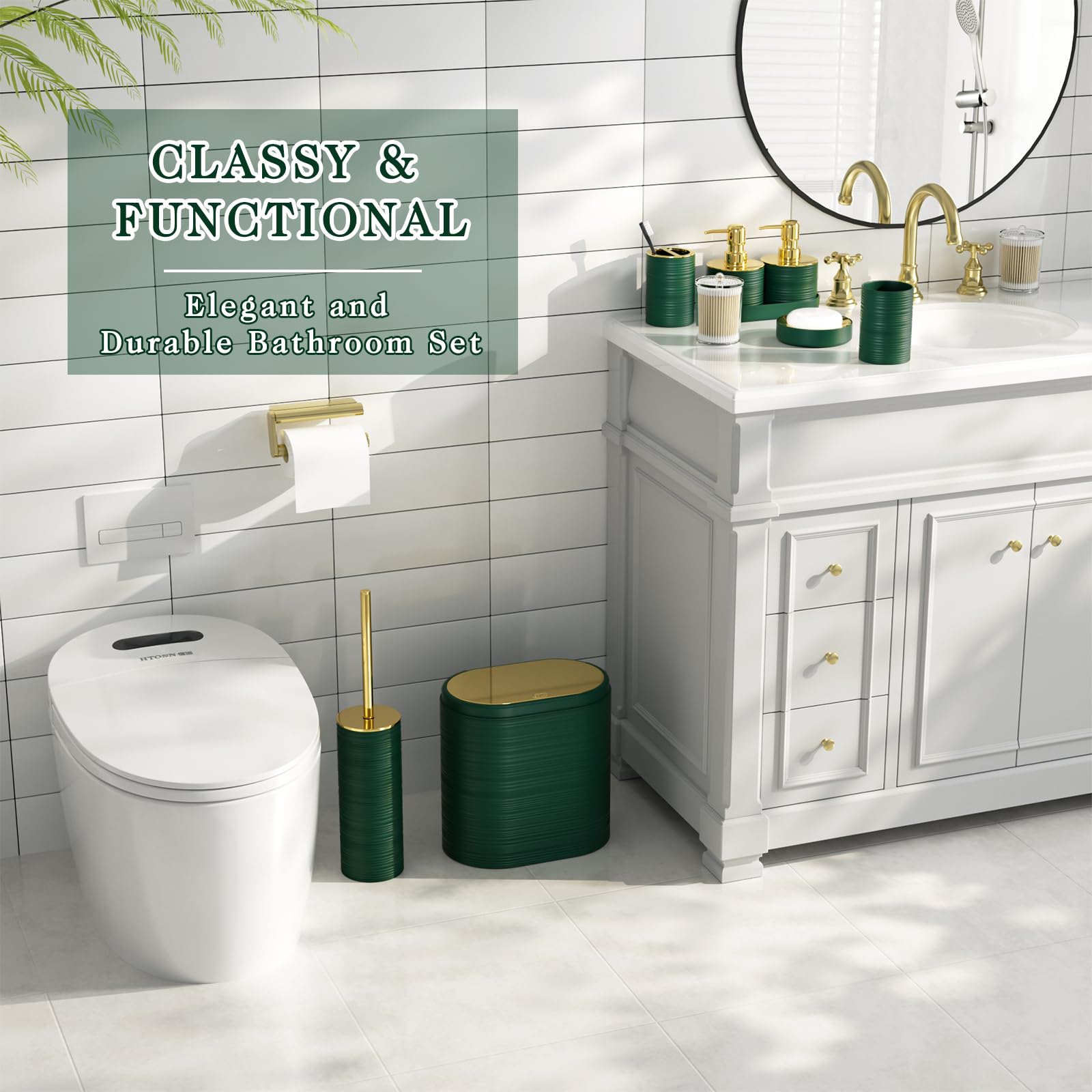 InnJoey Bathroom Set, 10PC Bathroom Accessory Set, Green Bathroom Accessories, Green and Gold Bathroom Set with Trash Can, Soap Dispensers