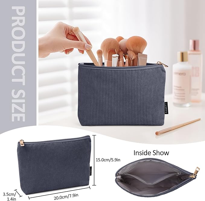 MAGEFY Small Makeup Bag for Purse Corduroy Makeup Bag with Inner Zipper Pockets Travel Cosmetic Bag for Women Preppy Stuff Gifts for Her, Black