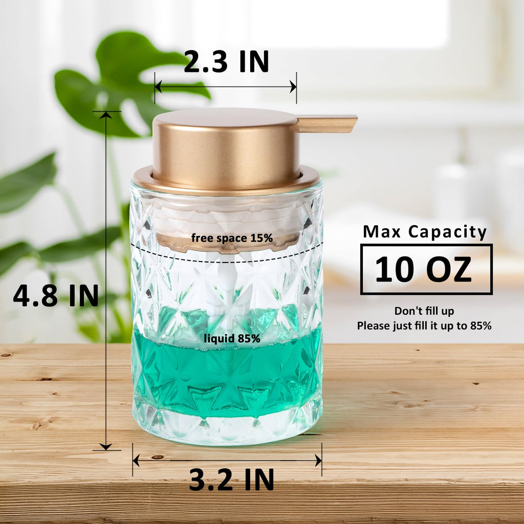 Bathroom Glass Soap Dispenser with Durable Rust-Proof Plastic Liquid Pump Hand Lotion Dispenser Antislip Shampoo Kitchen 10oz 2 Pack