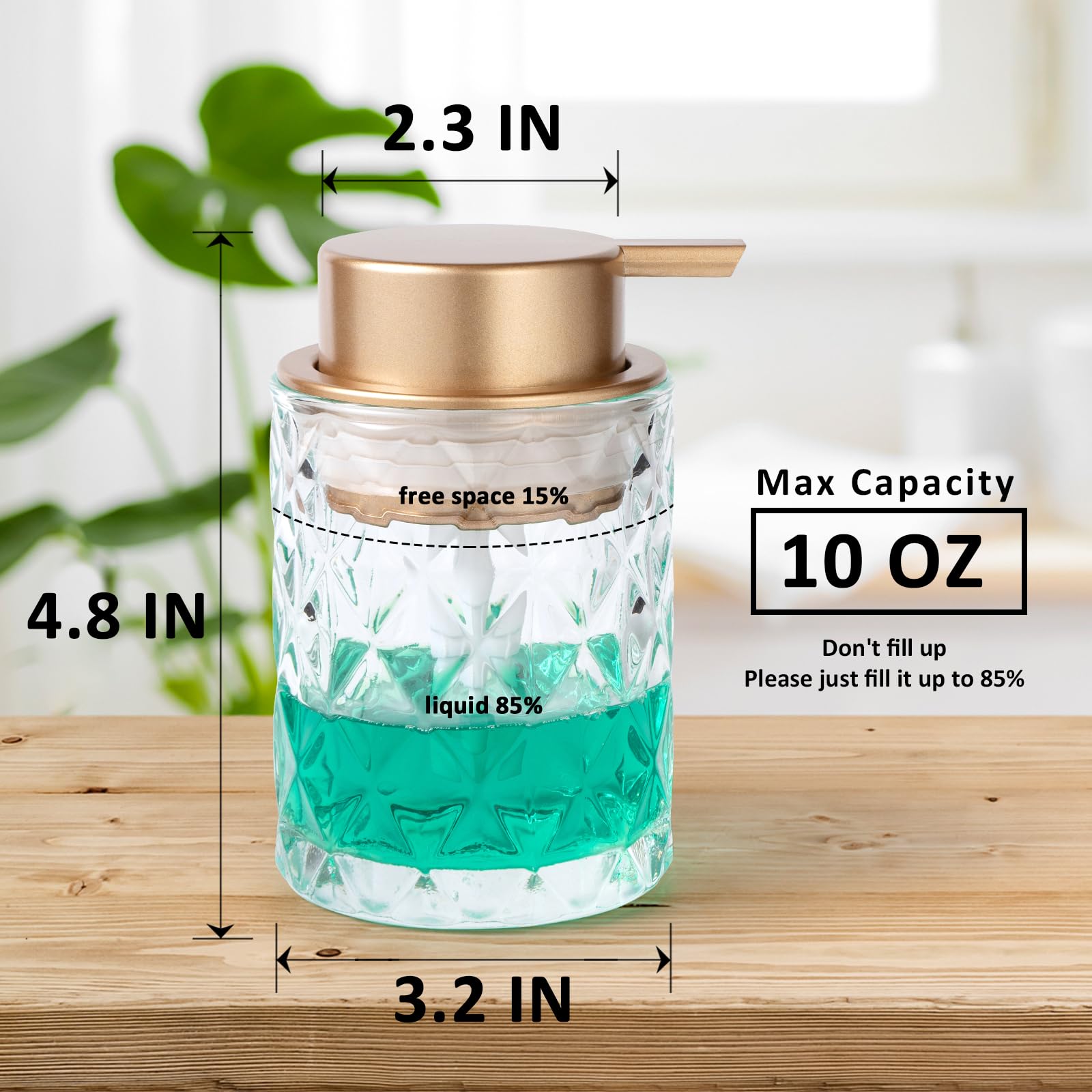 Bathroom Glass Soap Dispenser with Durable Rust-Proof Plastic Liquid Pump Hand Lotion Dispenser Antislip Shampoo Kitchen 10oz 2 Pack