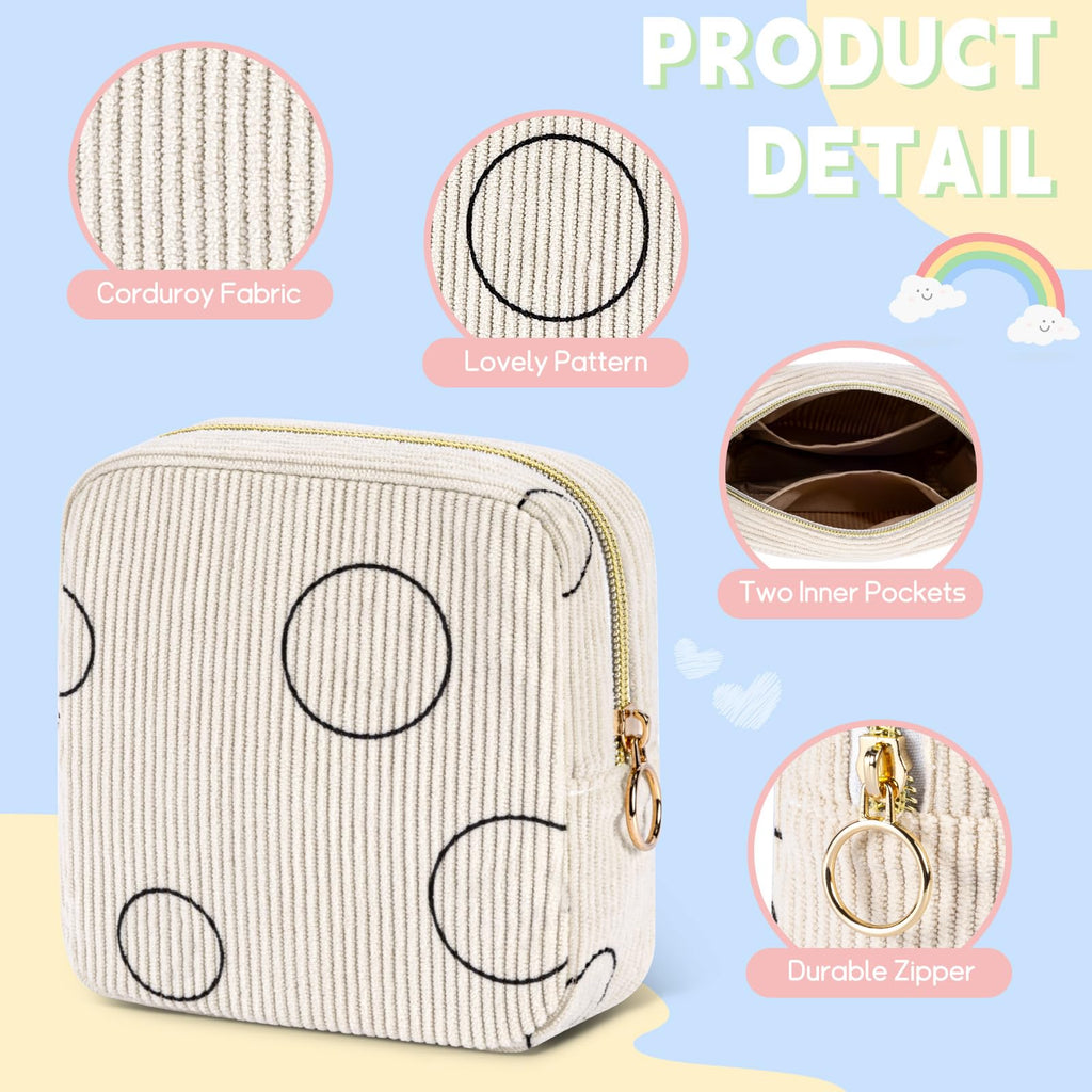 SIDESUGAR Period Bag for Teen Girls Shark Week Pouch Corduroy Portable Sanitary Pad Bags for Period Teen Period Pads Pouch for Panty Liners, Tampons, Menstrual Cup - Beige