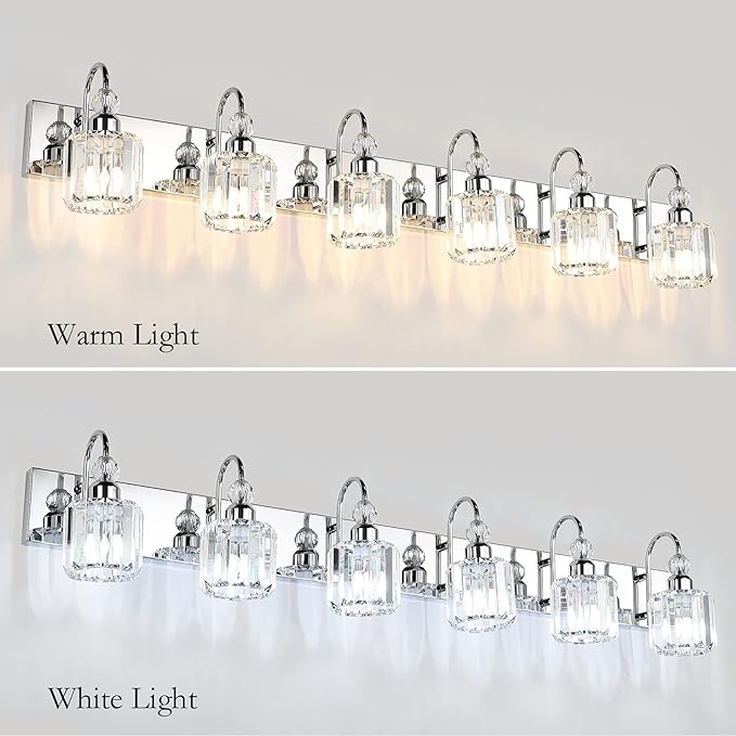 Ralbay 6-Lights Stainless Steel Crystal Bathroom Vanity Lights Over Long Mirror Modern Crystal Vanity Lighting Fixtures for Bathroom