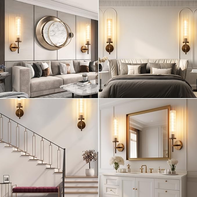 19.5" Knurled Bronze Hardwired Wall Sconces Set of 2, Bathroom Vanity Light Fixtures with Vertical Striped Glass Tube, Modern Lamp for Bedroom, Living Room, Hallway, Staircase, Mirror, Kitchen